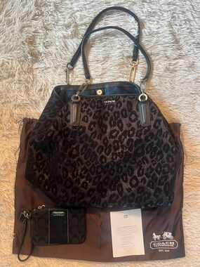 Coach Black Leopard-Print Tote with Leather Straps & Coach Wallet